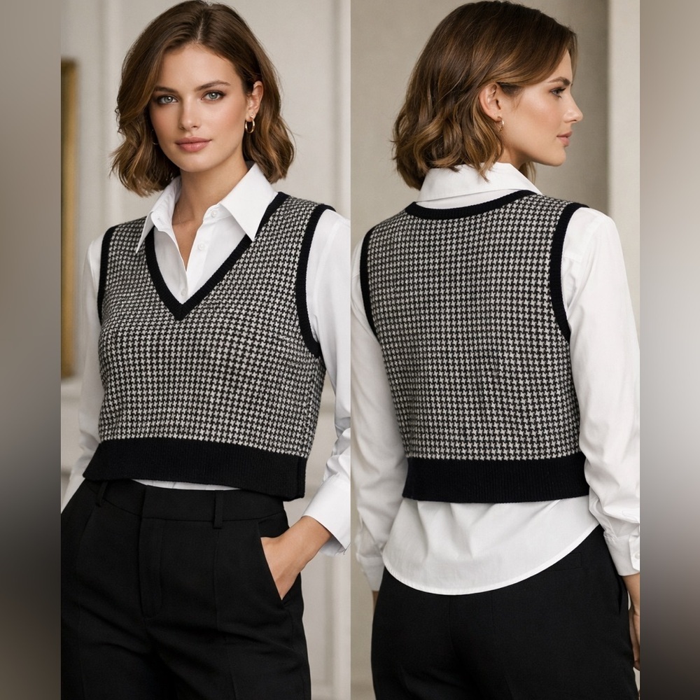 St. John Black & White hounds tooth Crop wool blend sweater vest size M - Picture 8 of 8